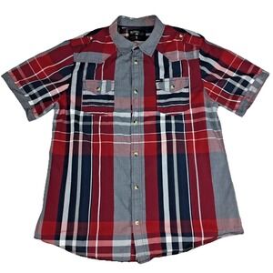 Buffalo Camp Shirt Short Sleeve Men's XL 46" Outdoor Casual Plaid Red Blue Gray